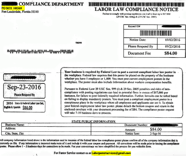 Labor Compliance Department. Labor Law Compliance Notice used as marketing.