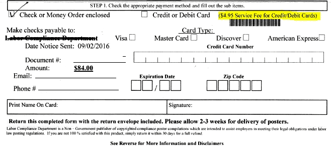 Labor Compliance Department payment form. Credit/debit card service fee up-charge.