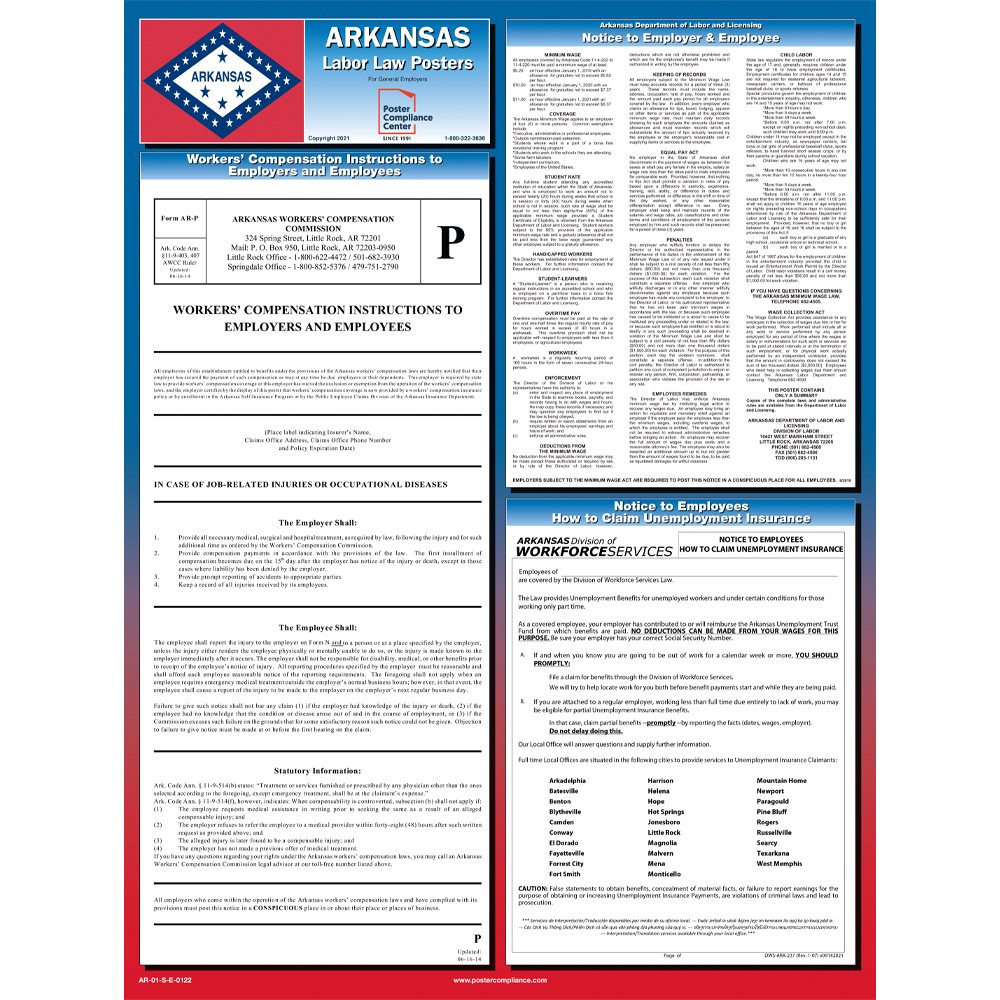 OSHA Compliant All-in-One Laminated Poster 2022 Arkansas and Federal Labor Law Poster English, AR State 