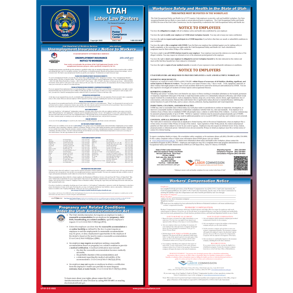 Laminated Mandatory All in One Poster 2019 Utah Labor Law Poster OSHA Compliant State Federal 