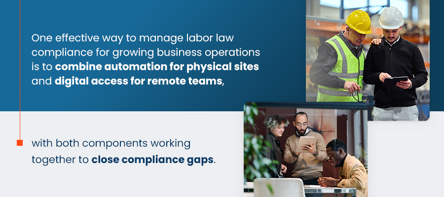 Two professionals explore labor law compliance options on a tablet